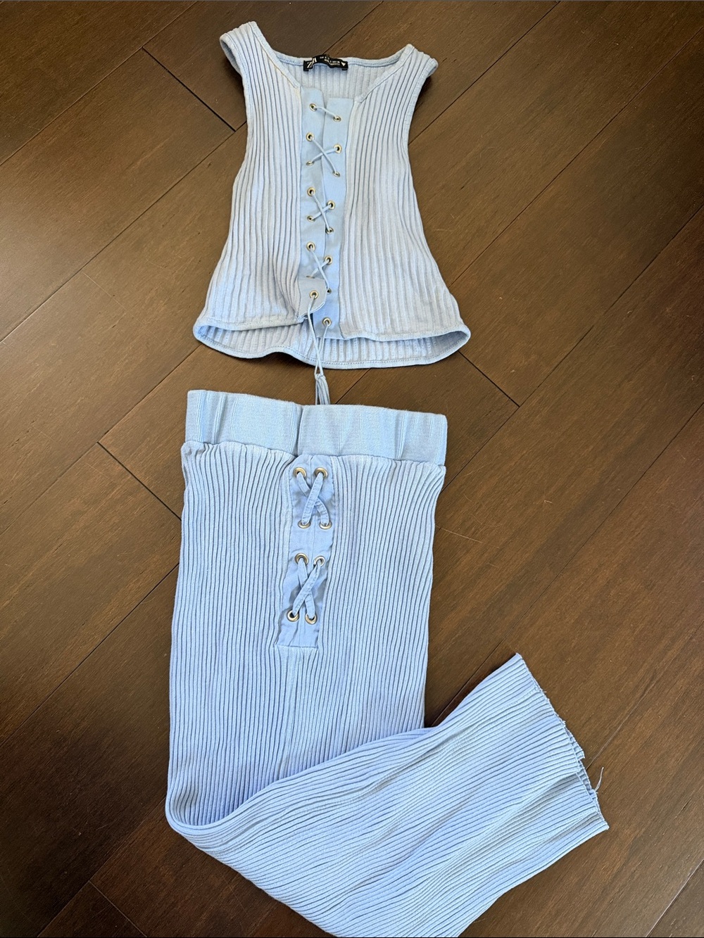ZARA Light Blue Ribbed top and skirt set